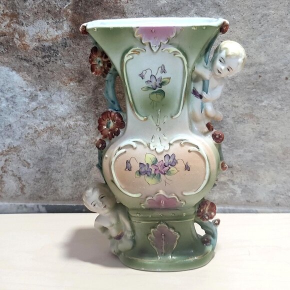 Vintage Porcelain Cherubs FloralVase Hand Painted